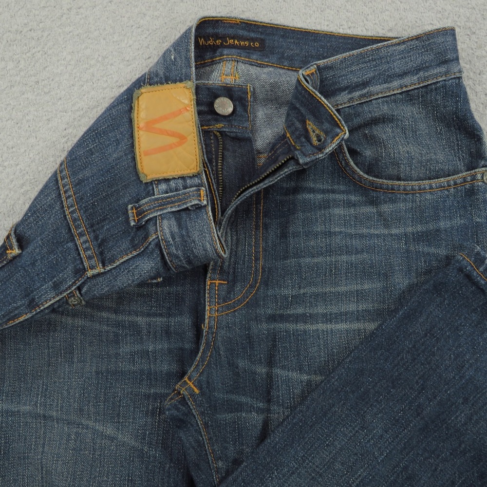 Nudie Jeans Mens 31x34 Thin Finn Slubby Blue Denim Fades Whiskers Slim Straight